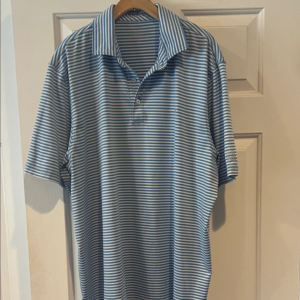 Vineyard Vines Men's Blue and White Striped Polo Shirt-Volvo logo on sleeve